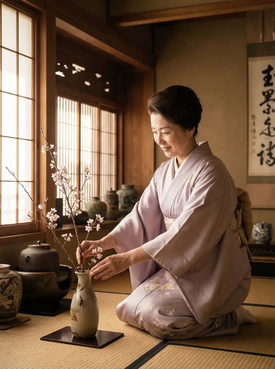 一位优雅的 西湖国际平台 在和室中插花
